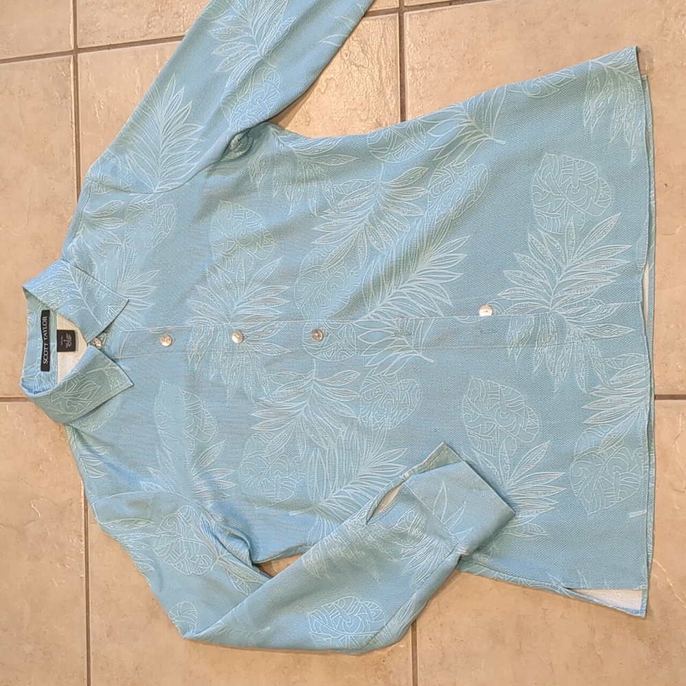 Scott Taylor Blue Silk Floral Button Down Top Size Small